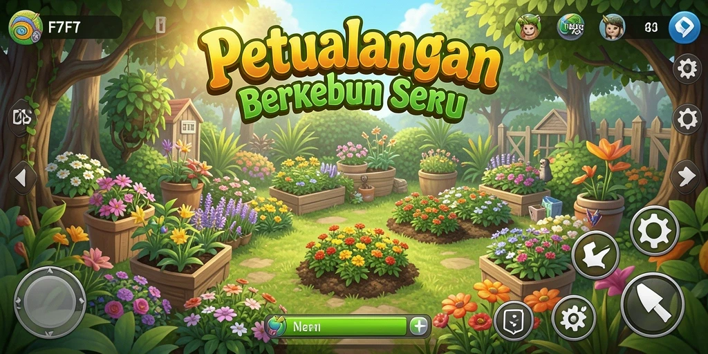 Screenshot gameplay F7F7 menampilkan ladang hijau yang subur dan hewan ternak yang sehat.